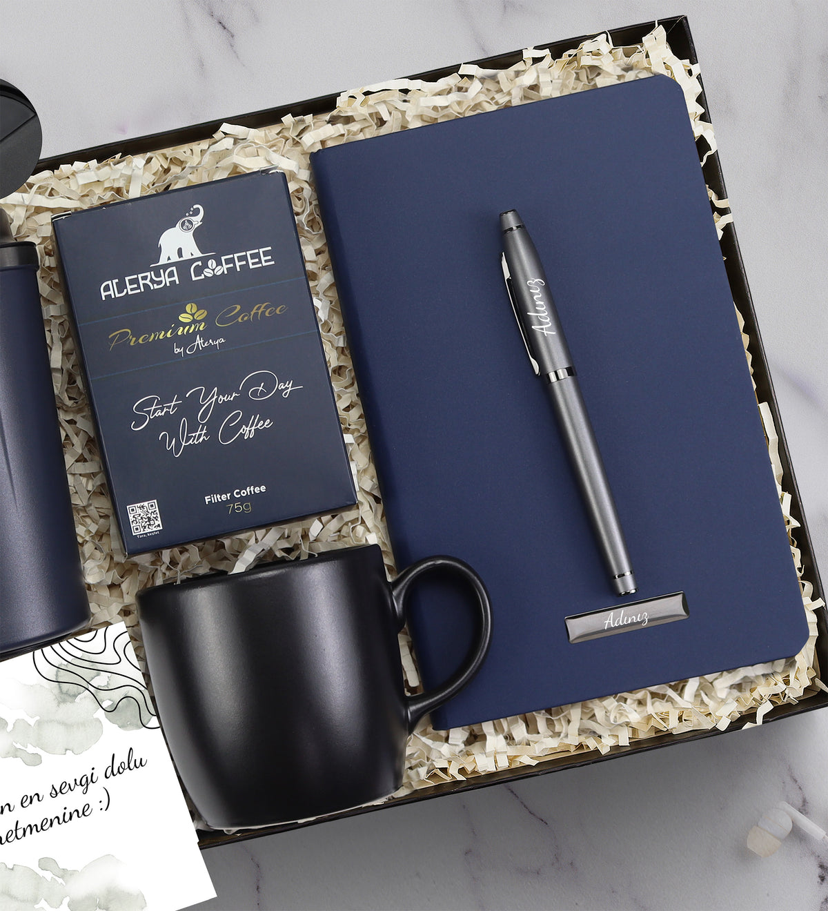 Kişiye Özel Dereceli 380 Ml Lacivert Kaydırmaz Termos & Mavi Defter & Gümüş Renk Roller Kalem & Alerya Premium Filtre Kahve & Siyah Kupa Hediye Seti