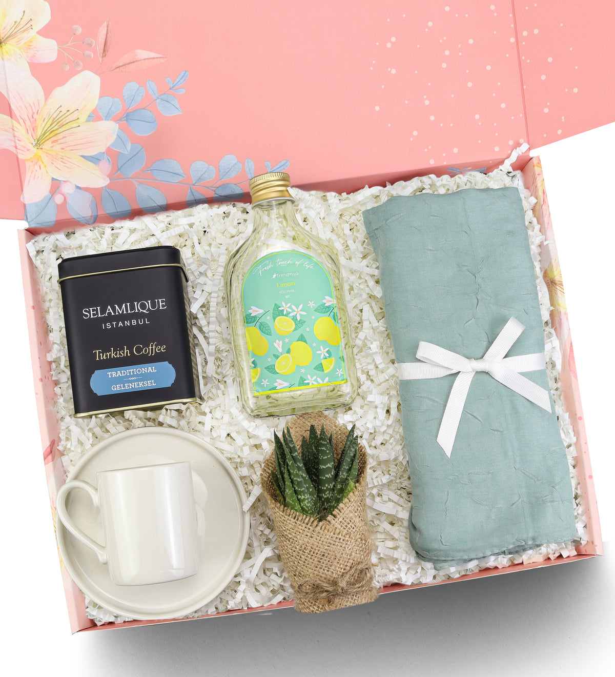 Yeşil Bambu Şal & 200 ml Limon Kolonyası & Beyaz Porselen Fincan & Canlı Sukulent Çiçek & Selamlıque Türk Kahvesi Hediye Seti