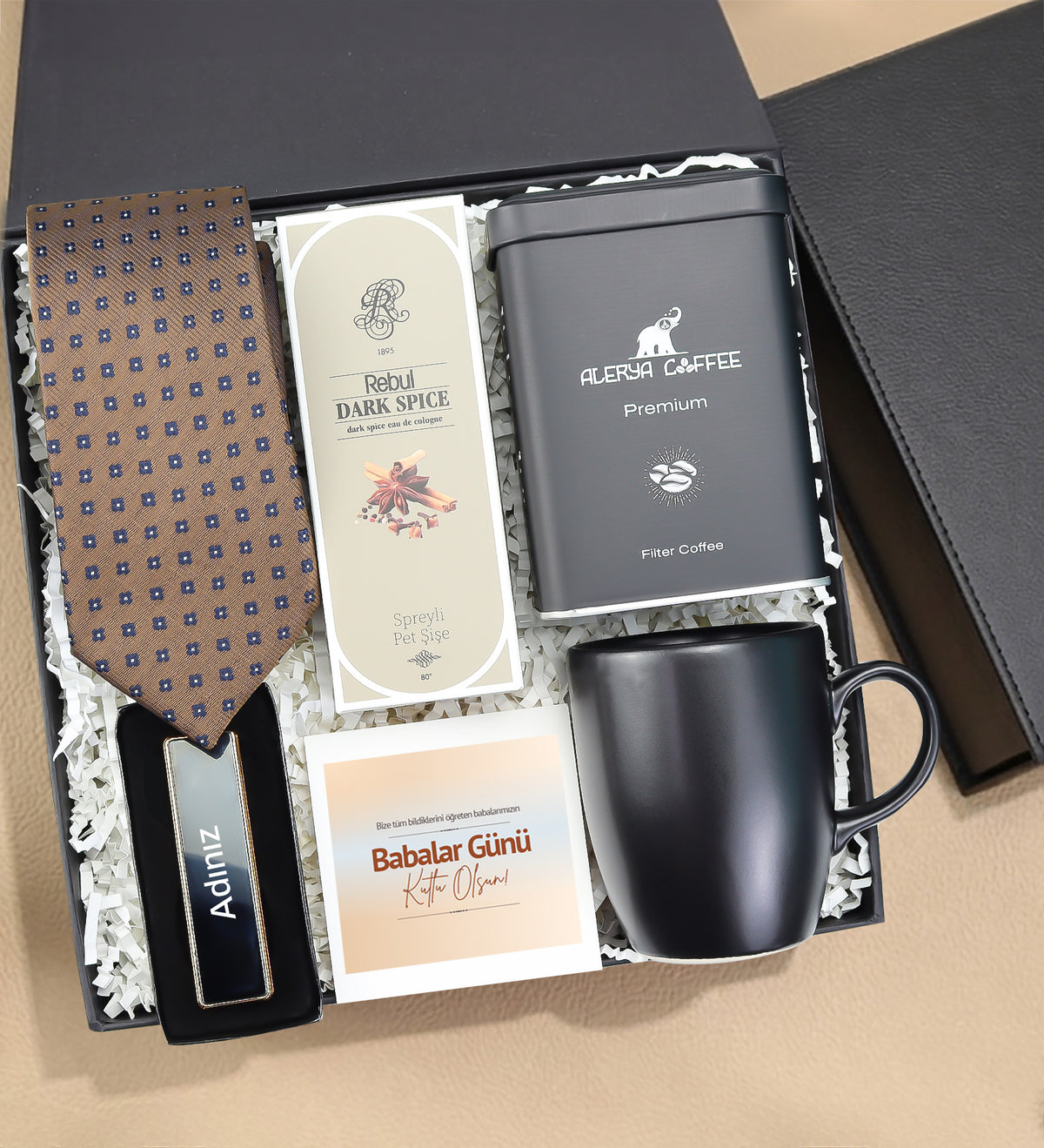 Kravat Çakmak Kahve Kolonya Kupa Deri Kutulu Premium Hediye Seti