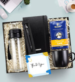 Kişiye Özel Siyah Defter Gümüş Renk Detaylı Siyah Tükenmez Kalem & Filtre Kahve & Siyah Kupa & Borosilikat Çift Cidarlı 300 ml Cam Demlik Matara