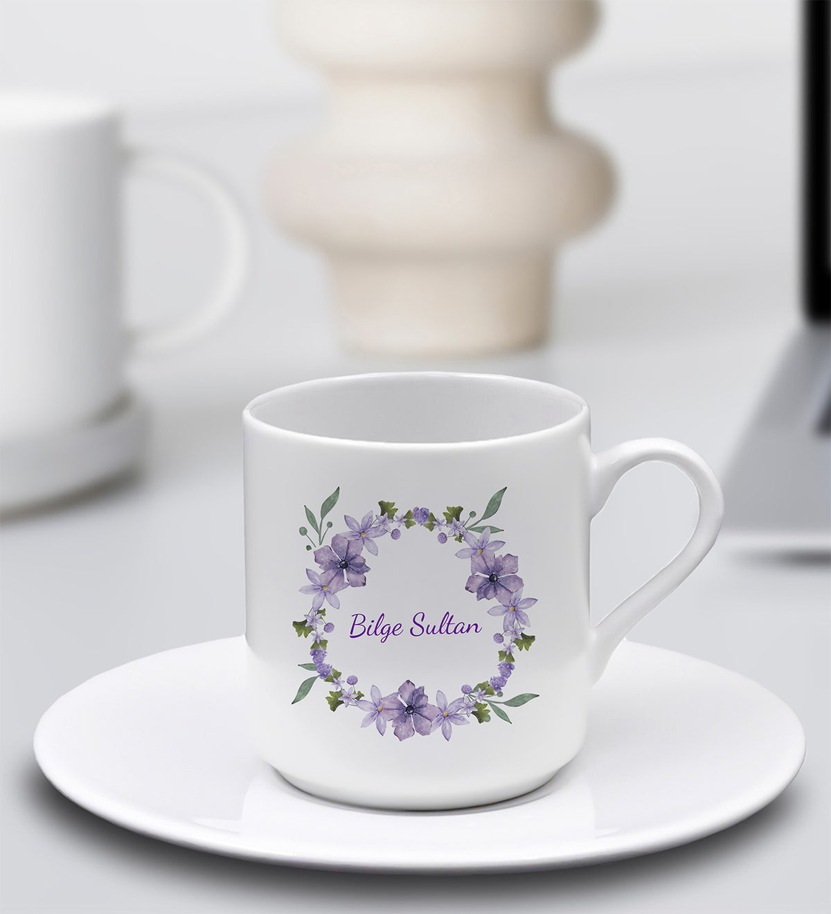 Kişiye Özel Mor Defter & Mor Tükenmez Kalem & Tasarım Türk Kahvesi Fincanı & Fotoğraf Baskılı Kupa Hediye Seti