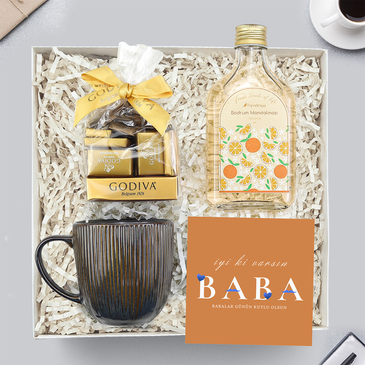 Godiva Napoliten Çikolata & 200 ml Bodrum Mandalina Kolonya & Lacivert Porselen Kupa