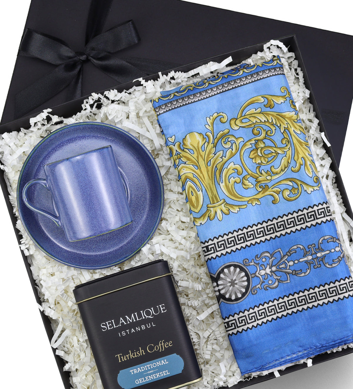 Versace Model Şal & Porselen Fincan & Selamlıque Türk Kahvesi Hediye Seti