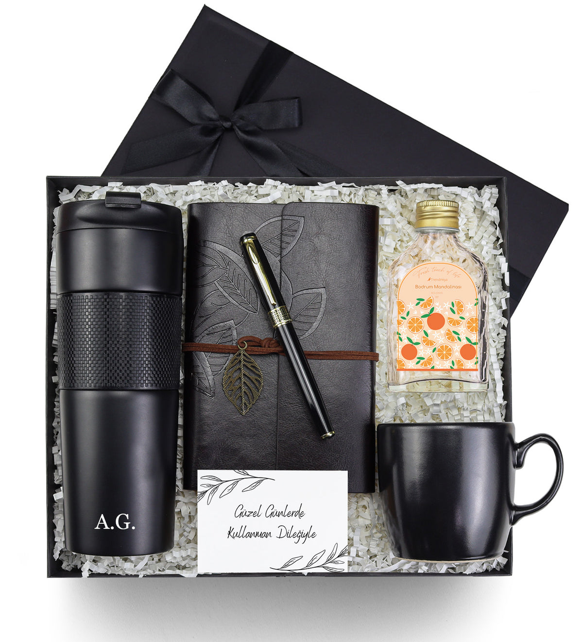 Siyah French Press Termos & Anı Defteri & Petek Dolma Kalem & 100 ml Kolonya & Siyah Kupa Premium Hediye Seti