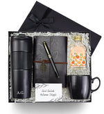 Siyah French Press Termos & Anı Defteri & Petek Dolma Kalem & 100 ml Kolonya & Siyah Kupa Premium Hediye Seti