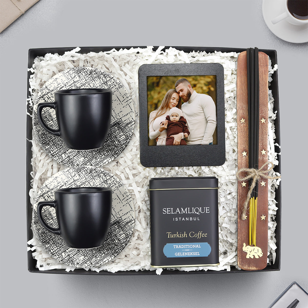 2'li Siyah Fincan & İnstagram Çerçeve & Tütsü & Selamlıque Hediye Seti