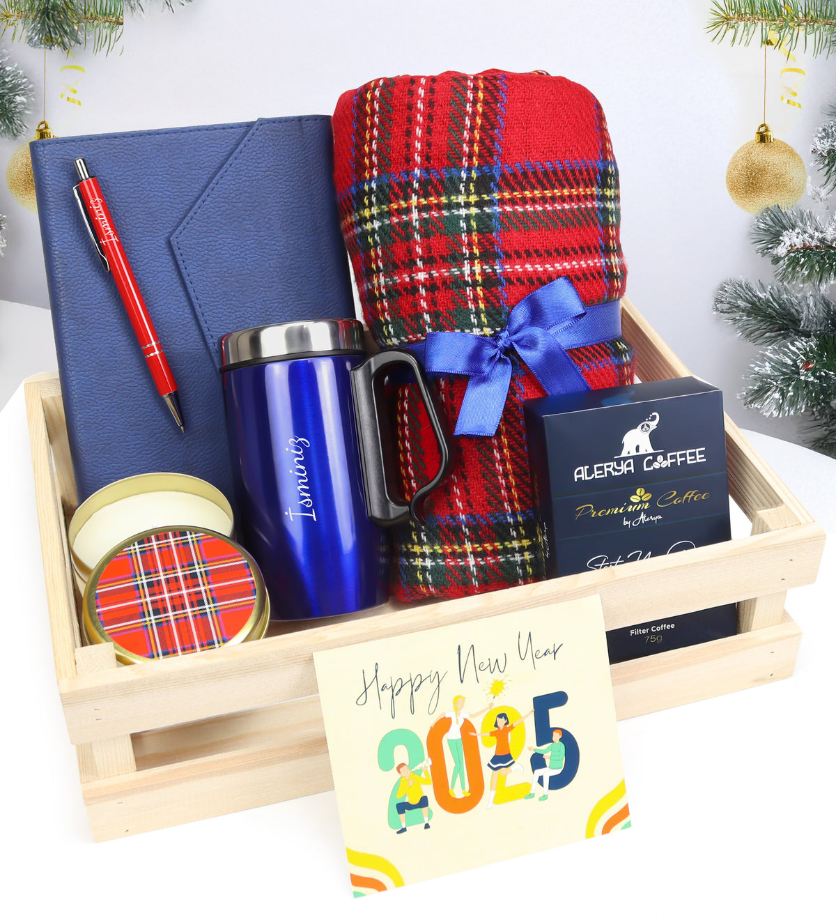 Ahşap Kasada Tükenmez Kalem & Defter & Kalın Şal & Kutulu Mum & Kulplu Çelik Termos & Filtre Kahve Hediye Seti