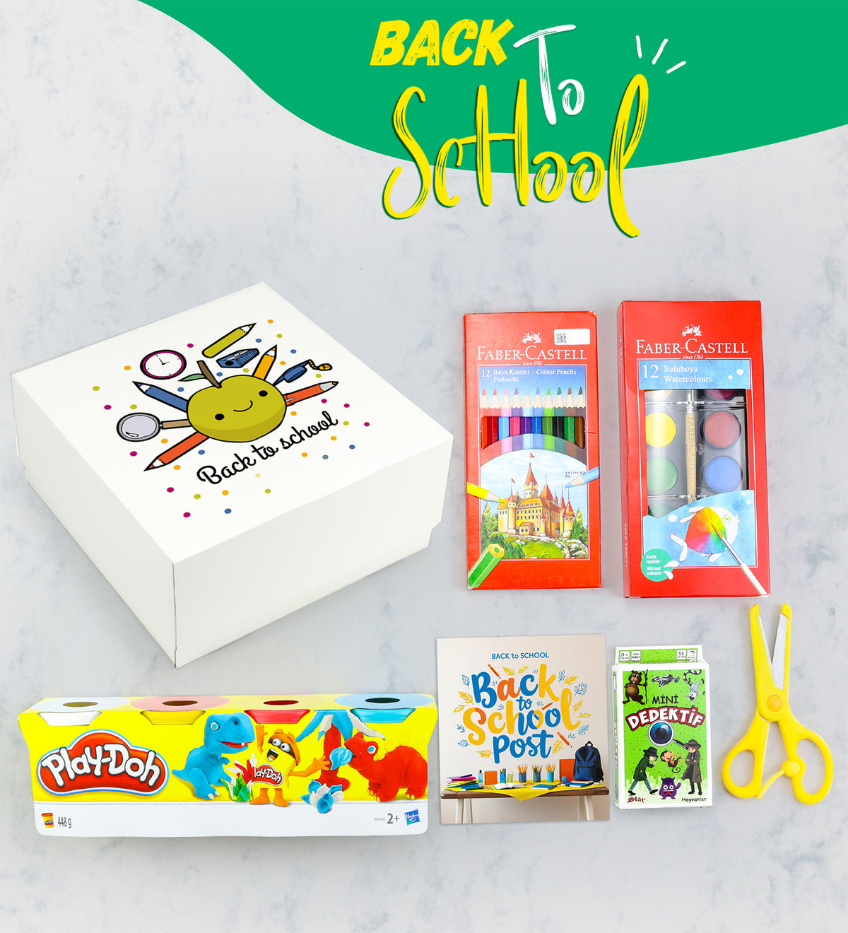 Özel Kutusunda Play-Doh Oyun Hamuru & Faber Castell Boya Kalemi & Sulu Boya & Makas & Mini Dedektif Oyunu Hediye Seti