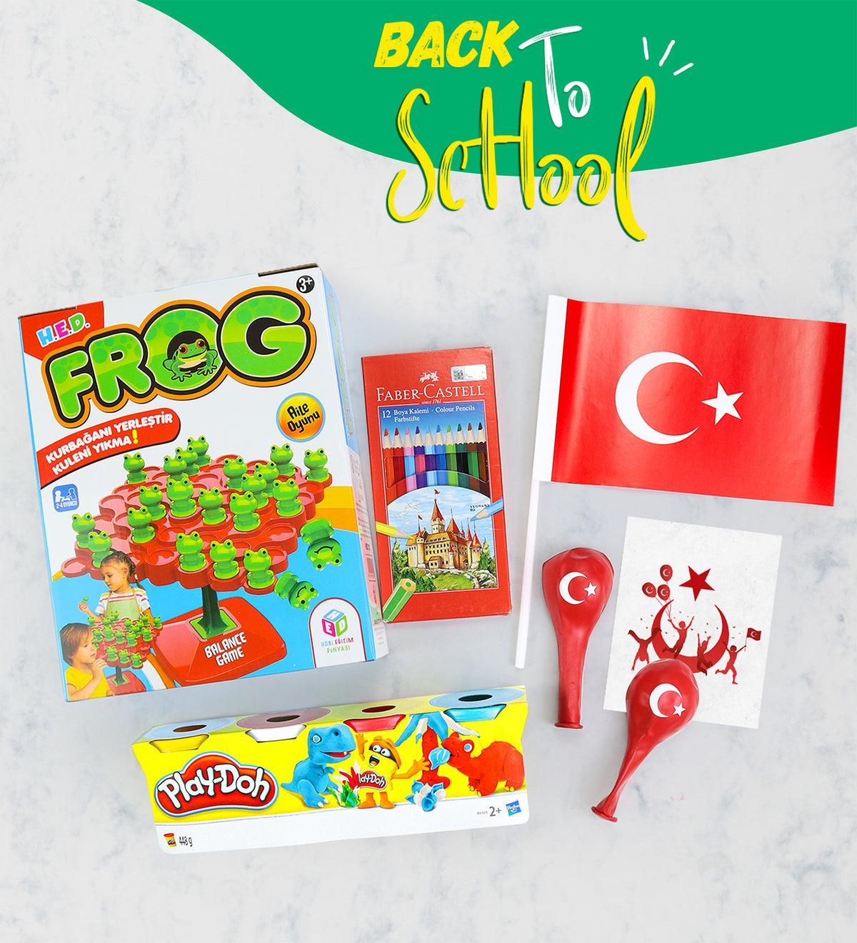 Frog Oyun & Play-Doh Oyun Hamuru & Fabel Castell Kuru Boya & Bayrak & 2'li Balon Hediye Seti