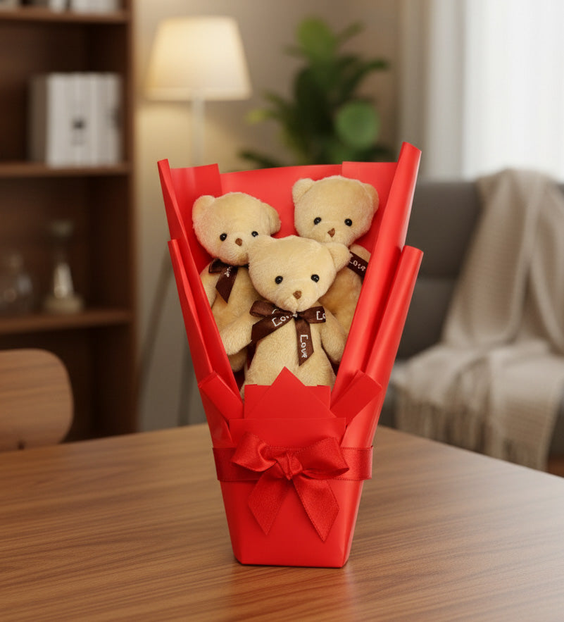 Kırmızı Defter & Kırmızı Touchpen & Kulplu Bardak Termos & 3'lü Ayıcık Buketi Hediye Seti