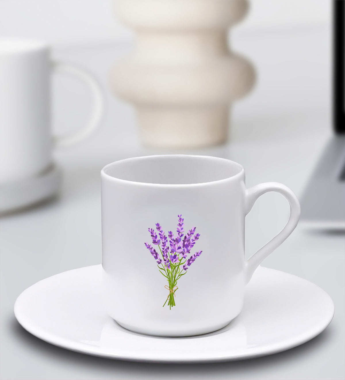 Lavanta Desenli Tasarım Fular & Tasarım Fincan & Tek İçimlik Türk Kahvesi & Lotus Mum Hediye Seti