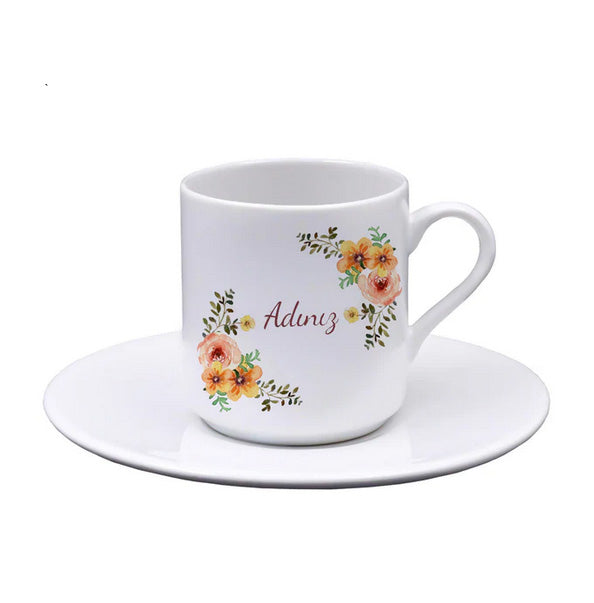 Turuncu Çiçek Baskılı Fincan