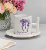 Kişiye Özel T Fincan & Mor Kılıflı Matara & Mor Çiçekli Fular & Lila Cüzdan