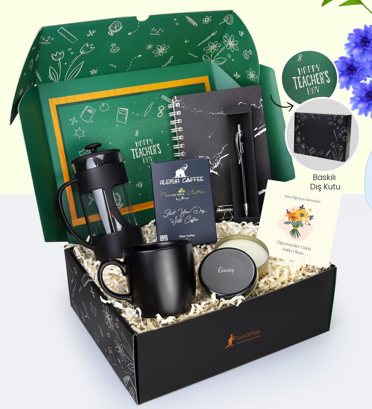 Öğretmenler Gününe Özel Kutusunda Siyah Mermer Desenli Defter & Gümüş Renk Detaylı Siyah Tükenmez Kalem & Alerya Premium Filtre Kahve & Siyah French Press & Siyah Kupa & Siyah Metal Kutulu Mum Hediye Seti