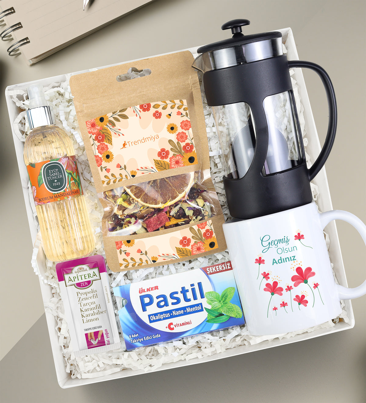 Kişiye Özel Kupa & French Press & Bitki Çayı & Eyüp Sabri Tuncer 150ml Kolonya & Apitera Bal & Pastil Hediye Seti