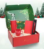 Yılbaşına Özel Kutusunda Kişiye Özel Gümüş Renk Detaylı Kırmızı Tükenmez Kalem & Dikişli Mini Not Defteri & Kırmızı Türk Kahvesi Fincanı & Deri Kılıflı Kırmızı 500 Ml Su Matarası