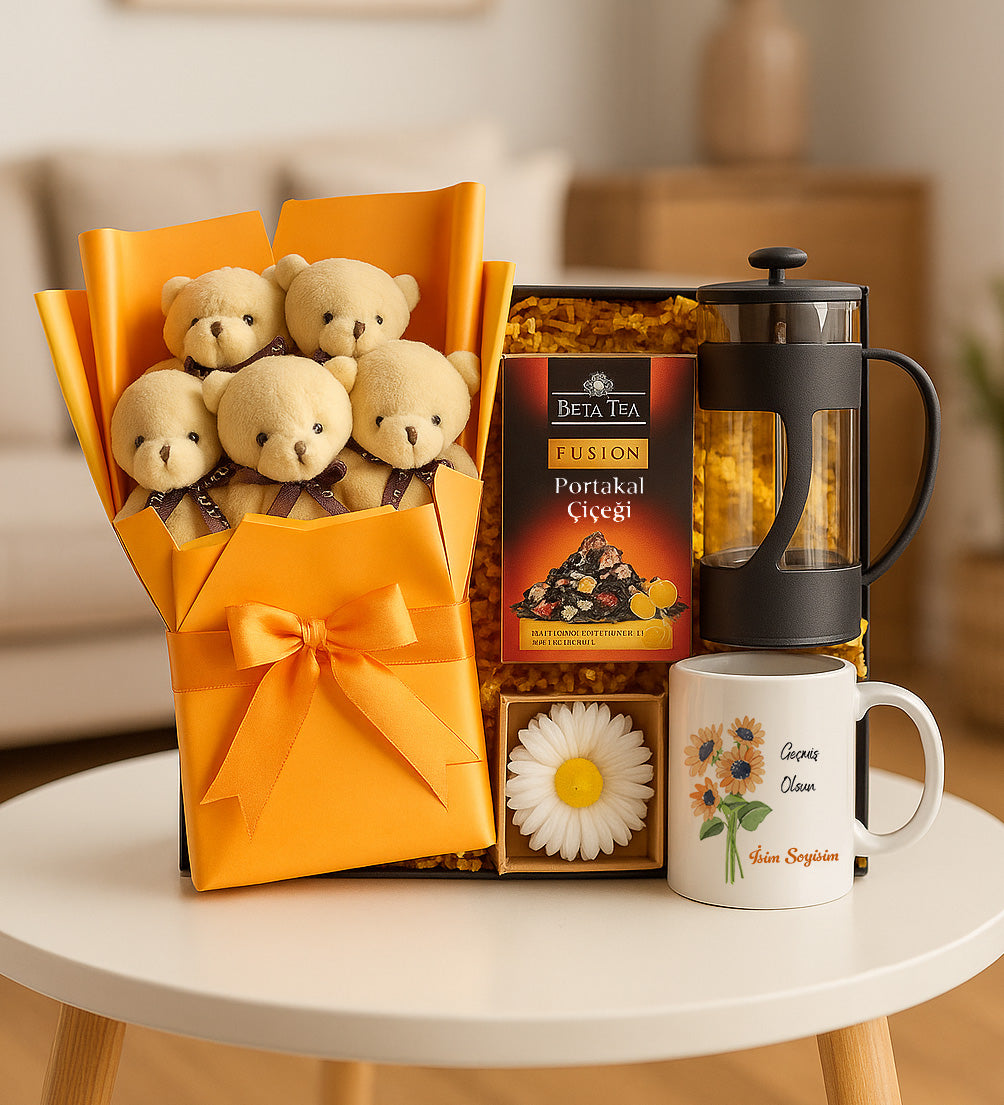 Ayıcık Buketi & French Press & Beta Tea & Kupa & Mum Hediye Seti