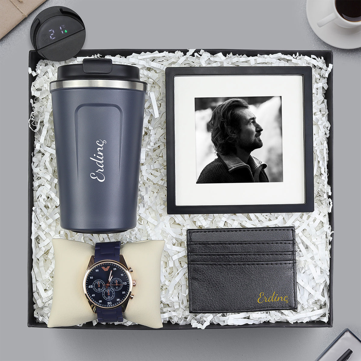 Dereceli Lacivert Termos & Paspartu Çerçeve & Kartlık & Armani Lacivert Kordon Saat