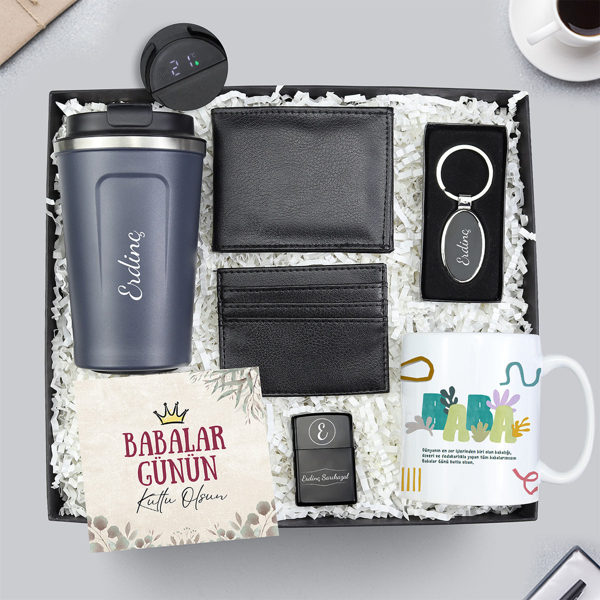 Dereceli Lacivert Kaydırmaz Termos & Cüzdan & Kartlık & Anahtarlık & Zippo Çakmak & Kupa