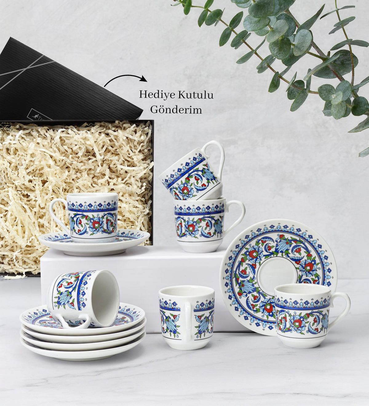 Hediye Kutusunda 6'lı Geleneksel Motifli Türk Kahvesi Fincanı