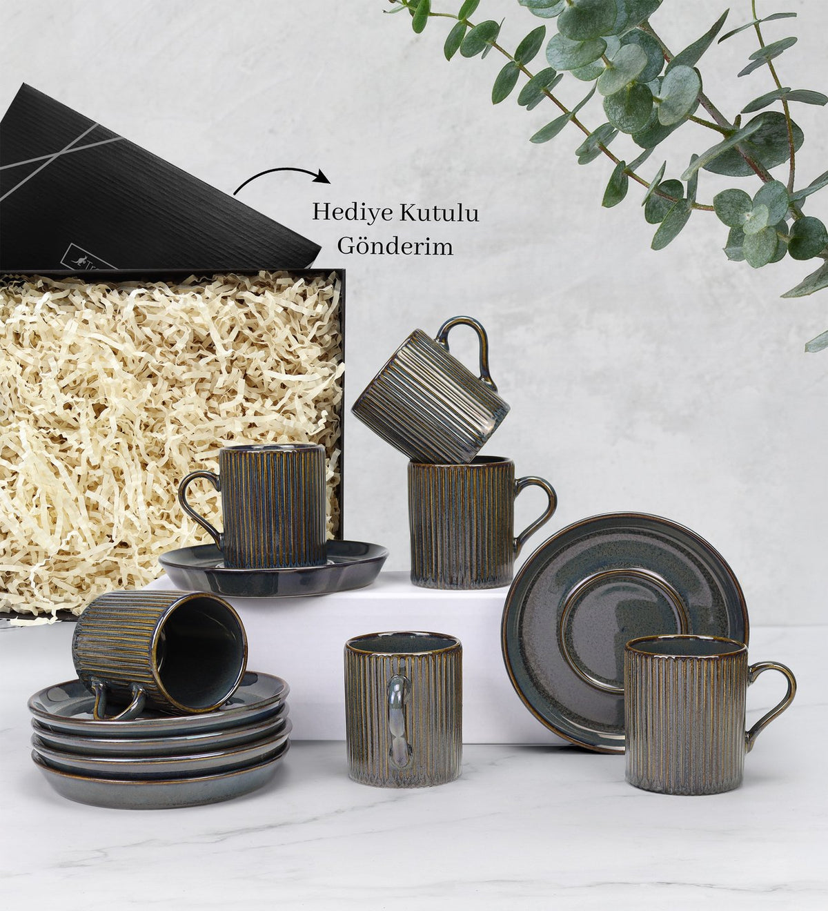 Hediye Kutusunda 6'lı Lacivert Çizgili Porselen Türk Kahvesi Fincanı