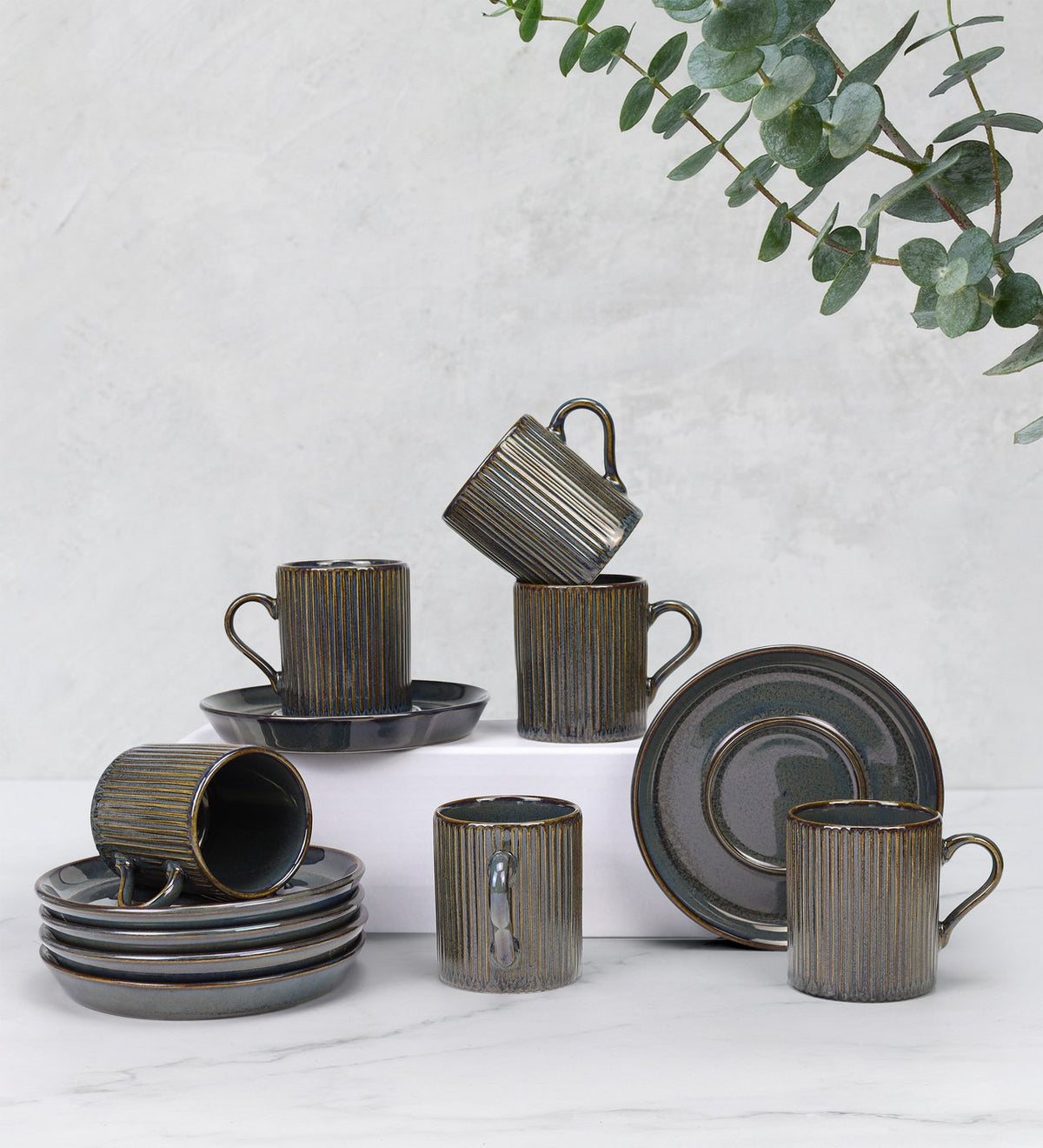 Hediye Kutusunda 6'lı Lacivert Çizgili Porselen Türk Kahvesi Fincanı