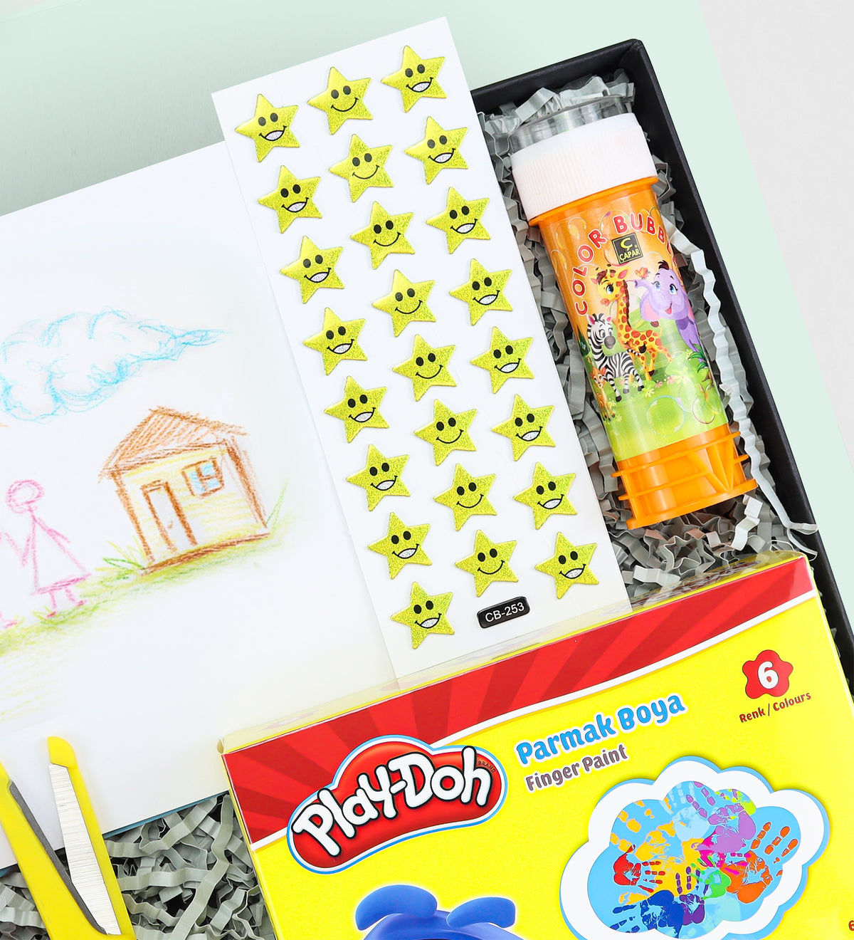 Resim Defteri & Play-Doh Parmak Boya & Köpük Baloncuk & Makas & Dondurma Fosforlu Kalem & Sticker Hediye Seti