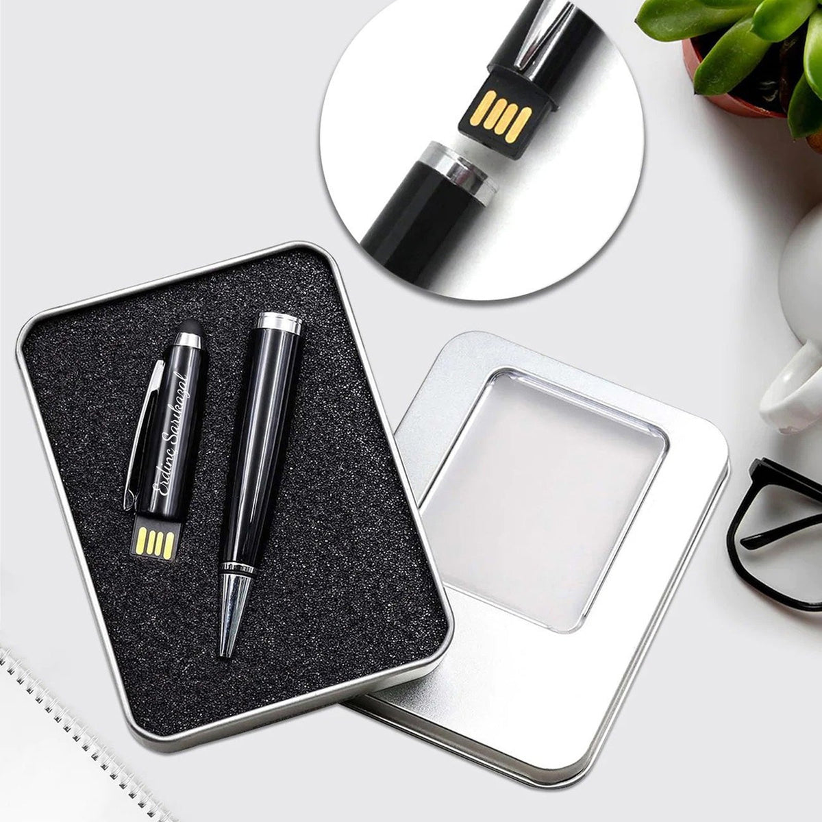 3 Bardaklı 500 ML Çelik Termos & Filtre Kahve & Su Matarası & Defter & Usb Kalem Hediye Seti