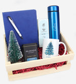 Ahşap Kasalı Kişiye Özel Dereceli Mavi Çelik Termos &Ajanda & Beyaz Tükenmez Kalem & Baskılı Kupa & Kolonya & Türk Kahvesi & Mini Çam Ağacı Hediye Seti