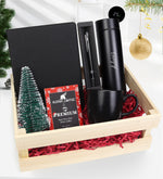 Ahşap Kasa İçerisinde Kişiye Özel 500 ML Dereceli Termos & 2026 Yeni Yıl Tarihli Ajanda & Gümüş Renk Detaylı Siyah Tükenmez Kalem & Alerya Yılbaşı Premium Filtre Kahve & Siyah Kupa & Mini Çam Ağacı Hediye Seti