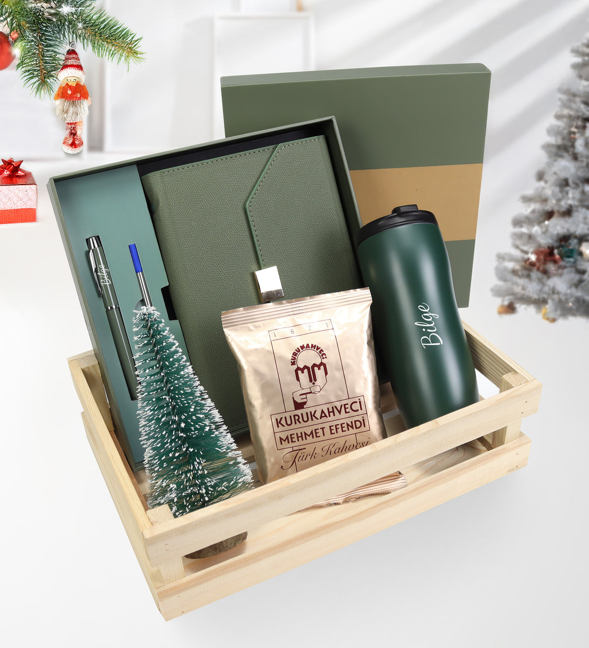 Kişiye Özel Kutulu Defter Kalem Seti & 400 ML Çelik Termos & Türk Kahvesi & Mini Çam Ağacı Hediye Seti