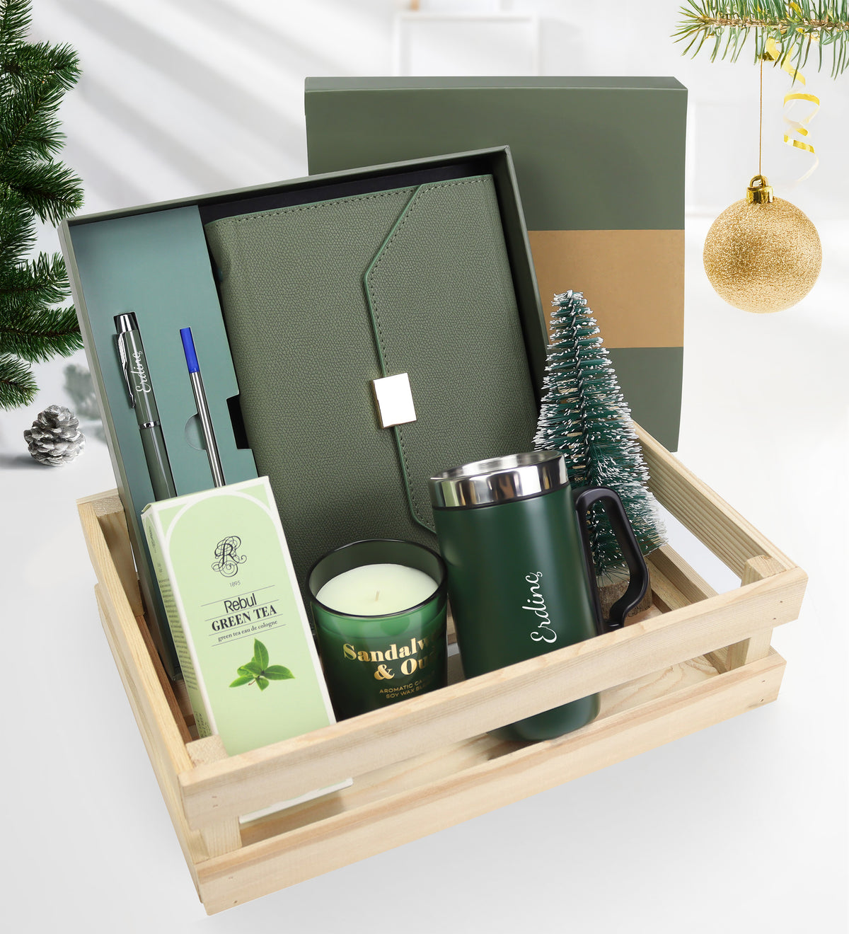 Kişiye Özel Kutulu Defter Kalem Seti & Kulplu Termos & Bardak Mum & Kolonya & Mini Çam Ağacı Hediye Seti