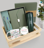 Ahşap Kasada Kutulu Defter Kalem Seti & Çelik Termos & Tasarım Kupa Hediye Seti