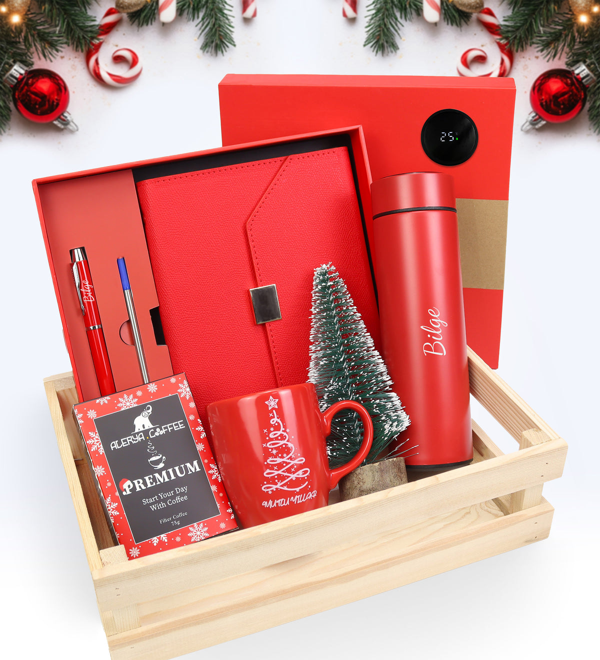 Kişiye Özel Kutulu Defter Kalem Seti & Dereceli Çelik Termos & Mutlu Yıllar Kupa & Filtre Kahve & Mini Çam Ağacı Hediye Seti
