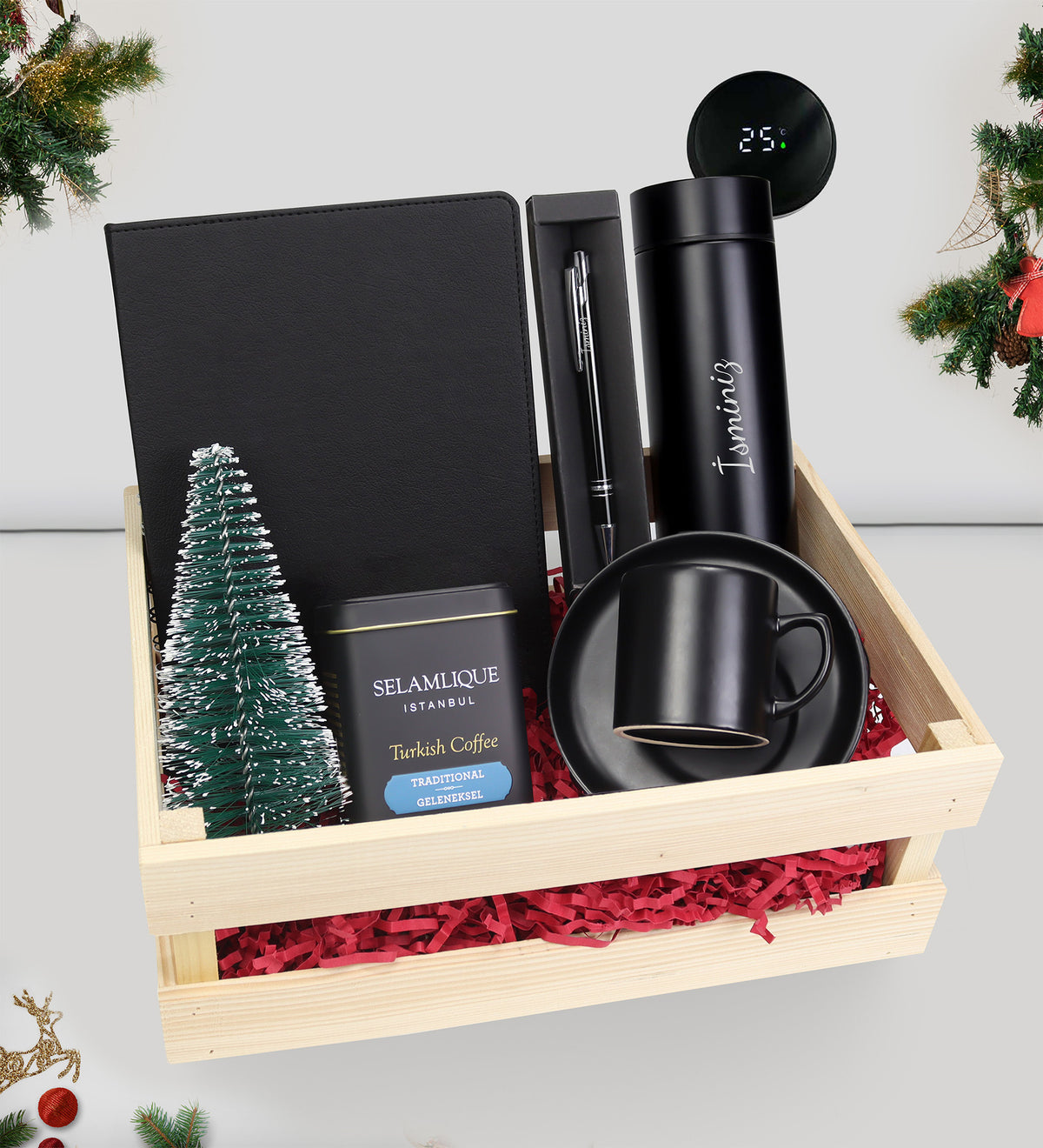 Ahşap Kasada Dereceli Termos & Ajanda & Tükenmez Kalem & Türk Kahvesi & Siyah Fincan & Mini Çam Ağacı Hediye Seti