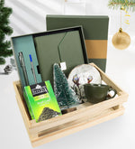 Ahşap Kasalı Kişiye Özel Kutulu Defter Kalem Seti & Yeşil Çay & Seramik Çay Fincanı & Mini Çam Ağacı Hediye Seti