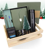 Ahşap Kasada Kutulu Defter Kalem Seti & Dereceli Çelik Termos & Türk Kahvesi & Siyah Kupa & Mini Çam Ağacı Hediye Seti
