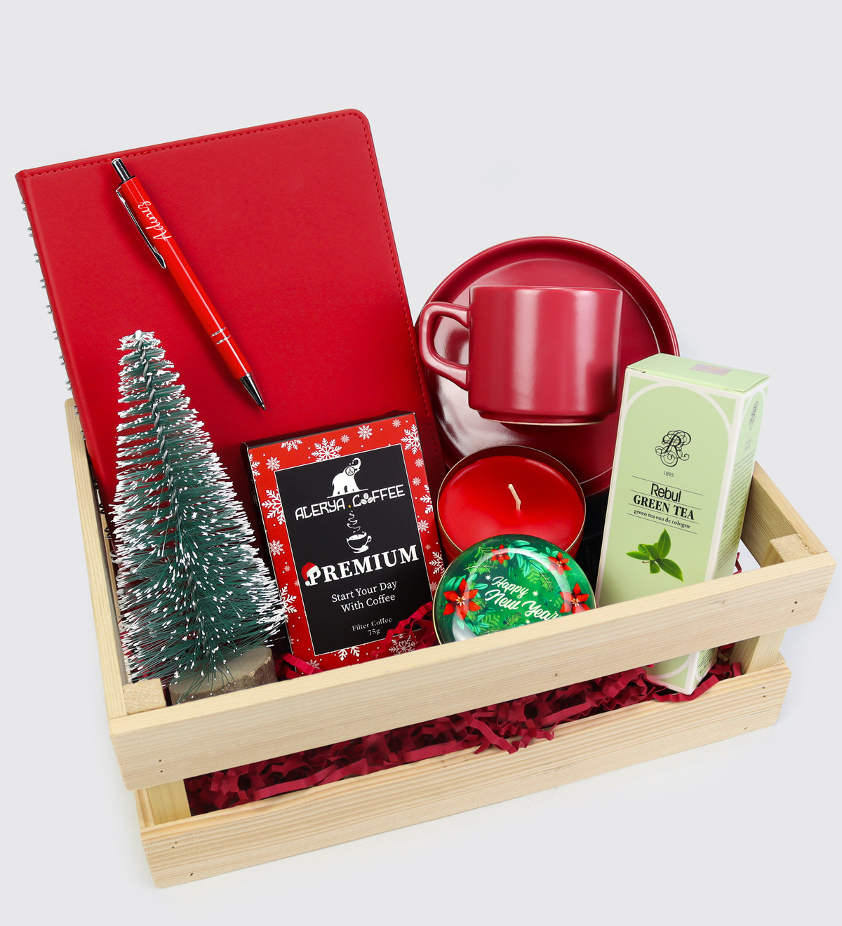 Kişiye Özel Tarihli Ajanda & Tükenmez Kalem & Kırmızı Fincan & Filtre Kahve & Kutulu Mum & Kolonya & Mini Çam Ağacı Hediye Seti