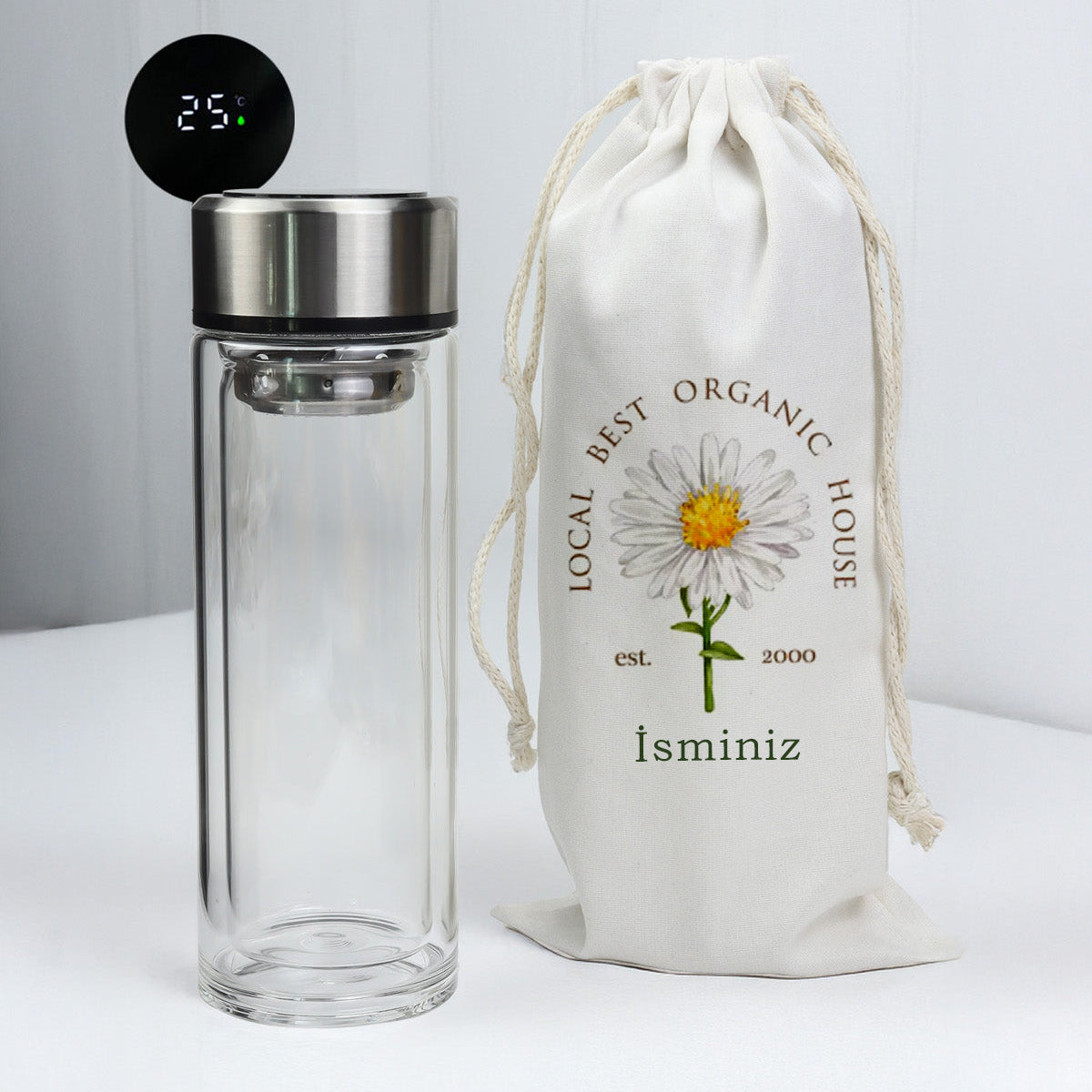 El Yapımı Kupa & Bez Kılıflı Dereceli Cam Matara & Taş Bardak Altlığı & El Fanı Hediye Seti