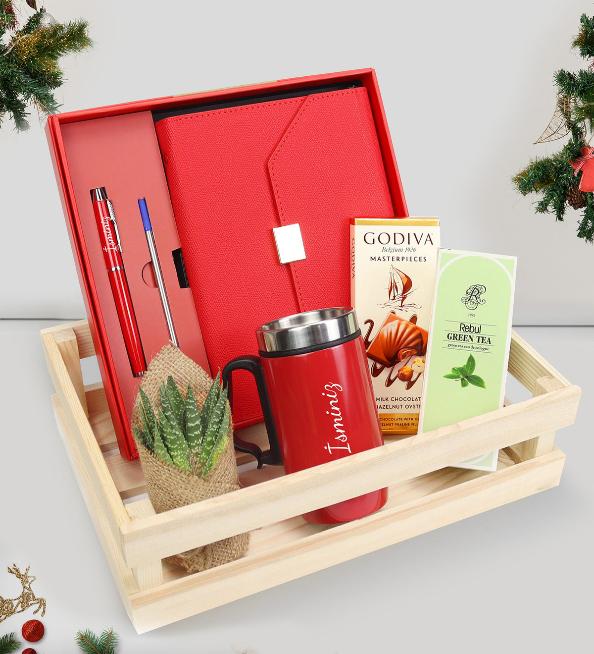 Özel Kasasında Kutulu Defter Kalem Seti & Kulplu Çelik Termos & Canlı Sukulent Çiçek & Godiva Çikolata & Rebul Kolonya Hediye Seti