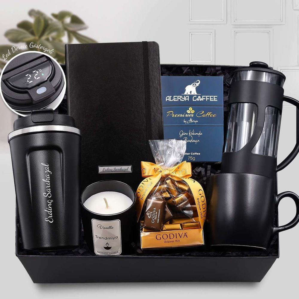 Dereceli Termos & Defter & French Press & Mat Kupa & Filtre Kahve & Çikolata & Bardak Mum Hediye Seti