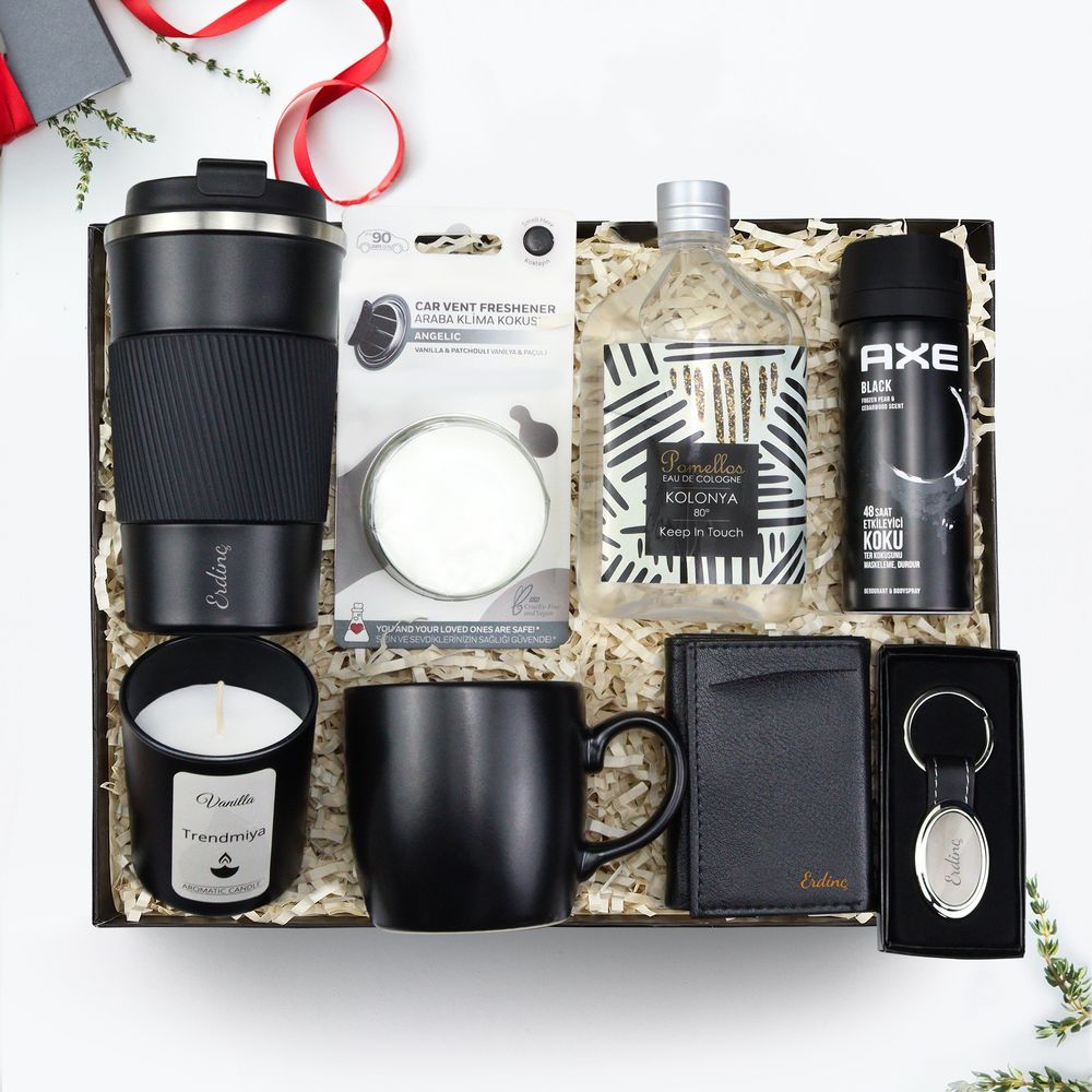 Kişiye Özel 500 Ml Çelik Termos & Vanilya Kokulu Bardak Mum & Siyah Mat Kupa & Anahtarlık & Pomellos Kolonya & Erkek Deodorant & Araba Klima Kokusu &Mekanizmalı Kartlık Hediye Seti
