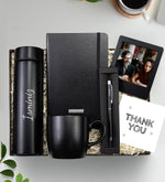 Kişiye Özel 500 ML Dereceli Termos & Siyah Defter & Gümüş Renk Detaylı Siyah Tükenmez Kalem & Siyah Kupa & İnstagram Çerçeve Hediye Seti