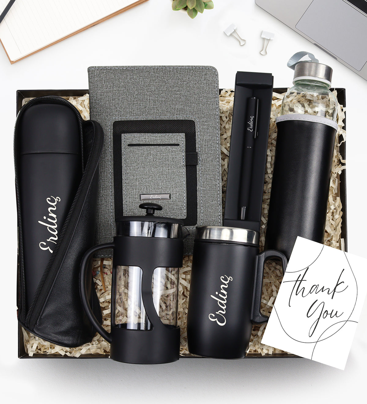 Kişiye Özel 500 ML Deri Çantalı Termos & Kulplu 280 ML Çelik Termos & Siyah French Press & Özel Deri Kılıflı 500 Ml Su Matarası & Telefon Cepli Defter & Siyah Mat Roller Kalem Premium Hediye Seti