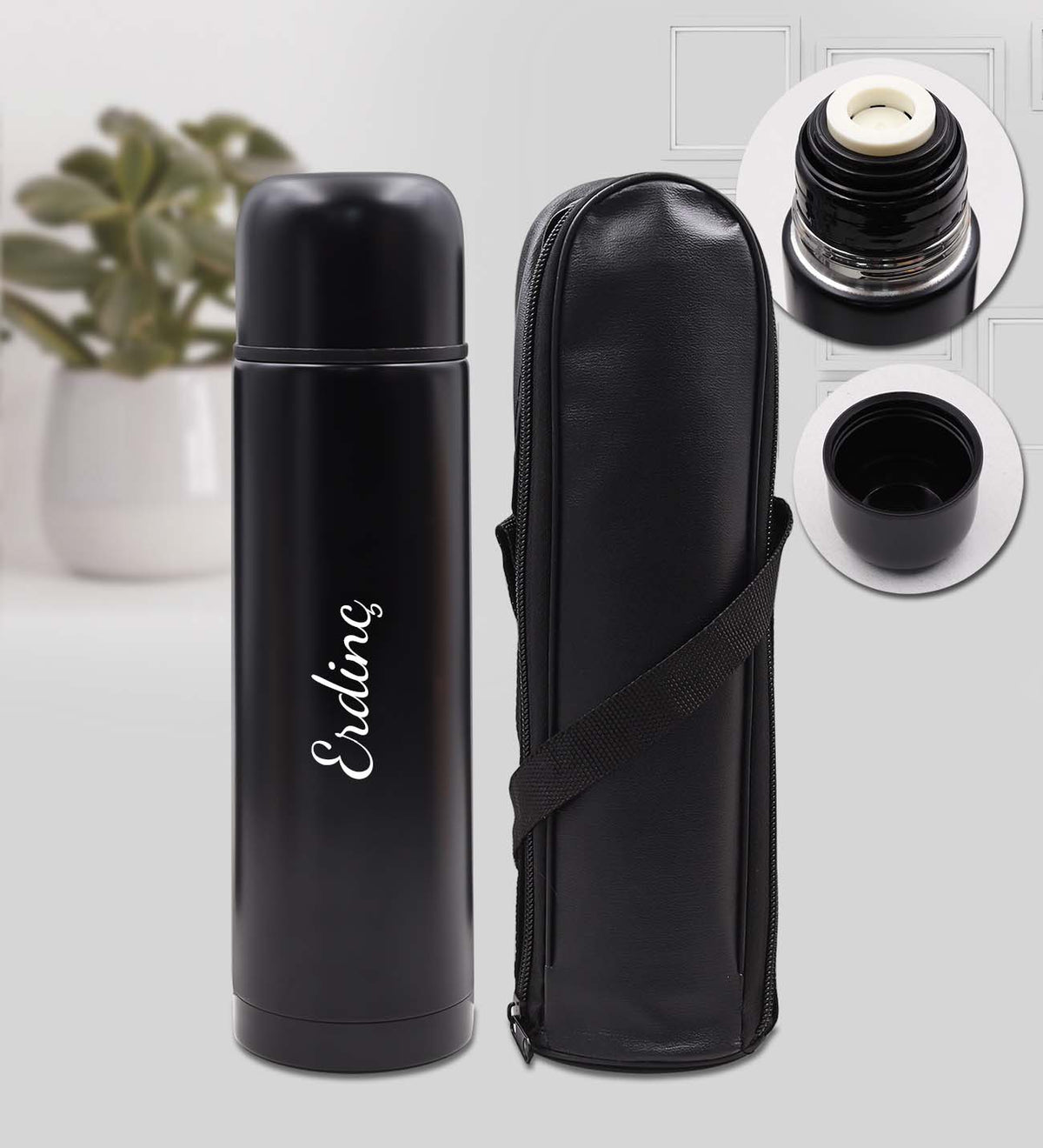 Kişiye Özel 500 ML Deri Çantalı Termos & Kulplu 280 ML Çelik Termos & Siyah French Press & Özel Deri Kılıflı 500 Ml Su Matarası & Telefon Cepli Defter & Siyah Mat Roller Kalem Premium Hediye Seti