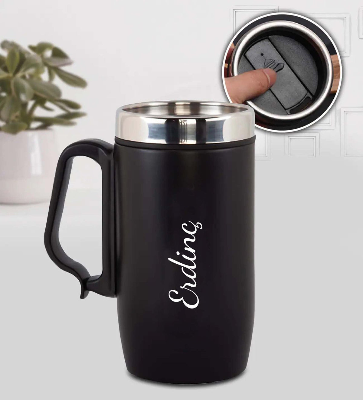 Kişiye Özel 500 ML Deri Çantalı Termos & Kulplu 280 ML Çelik Termos & Siyah French Press & Özel Deri Kılıflı 500 Ml Su Matarası & Telefon Cepli Defter & Siyah Mat Roller Kalem Premium Hediye Seti