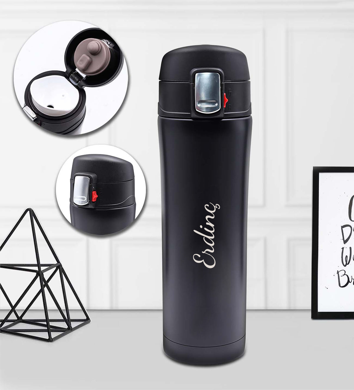 Kişiye Özel 500 ml. Kilitli Çelik Termos & French Press & Defter & Kupa & 2 Adet Mum