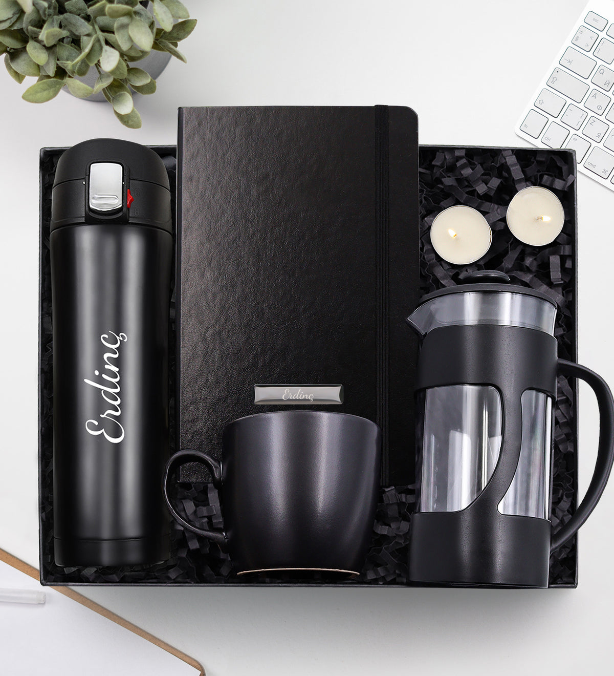 Kişiye Özel 500 ml. Kilitli Çelik Termos & French Press & Defter & Kupa & 2 Adet Mum