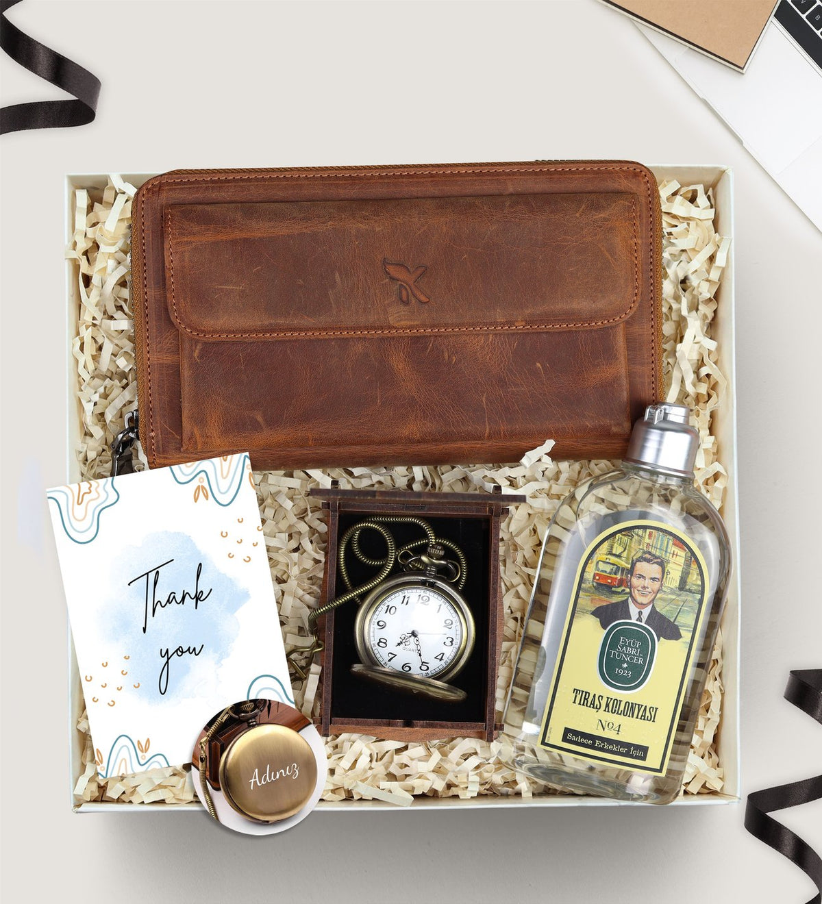 Köstekli Saat & Hakiki Deri Unisex Portföy Cüzdan & Tıraş Kolonyası Hediye Seti
