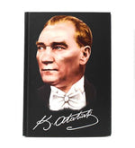 Kişiye Özel Atatürk Kabartmalı Kalem & Mustafa Kemal Atatürk Baskılı Defter & Lacivert Çizgili Porselen Türk Kahvesi Fincanı & Gold Detaylı Kahve Yanı Su Bardağı Hediye Seti
